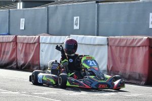 Amelia Nelson karting at the finishing line